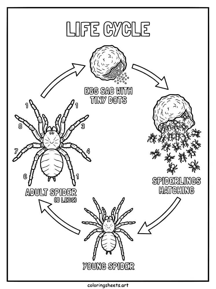Spider life cycle egg to adult educational spider coloring page for classroom free printable pdf