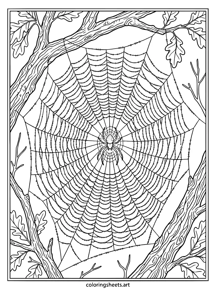 Spider web with morning dew realistic spider coloring page for adults free printable pdf