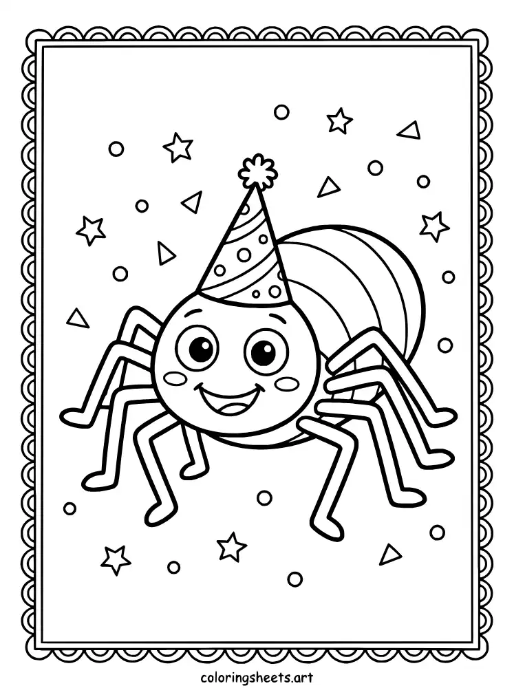 Spider with party hat cute spider coloring page for children free printable pdf