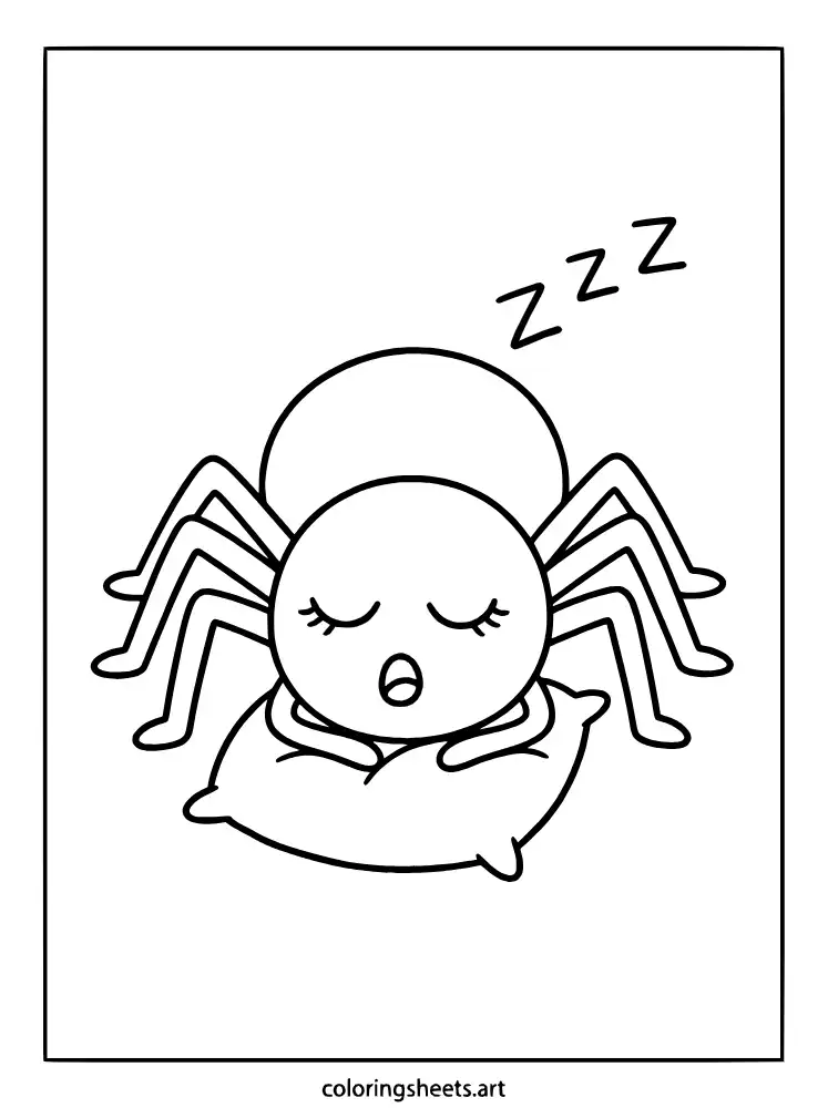 Sleepy spider on a tiny pillow cute spider coloring page for toddlers free printable pdf