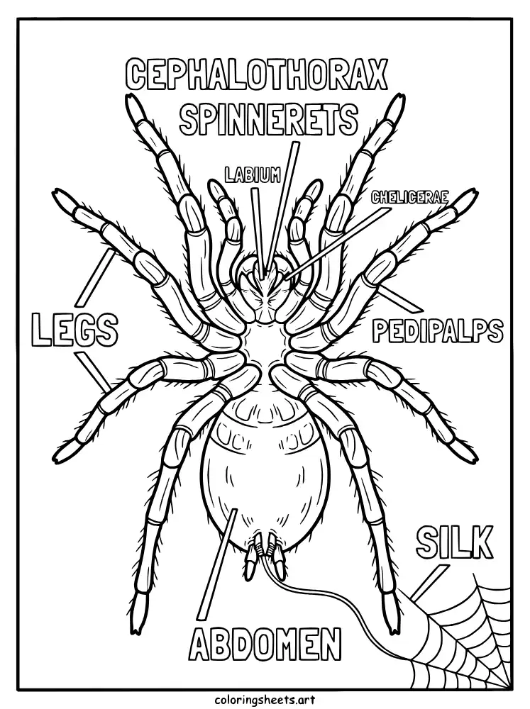 Spinnerets silk production educational spider coloring page for older kids free printable pdf