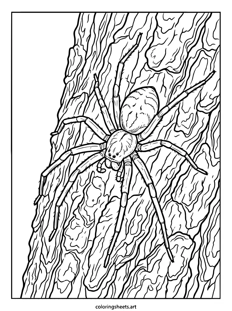 Spider on a tree bark realistic spider coloring page for older kids free printable pdf