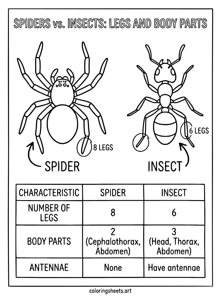 Spider vs insect number of legs educational spider coloring page for young learners free printable pdf