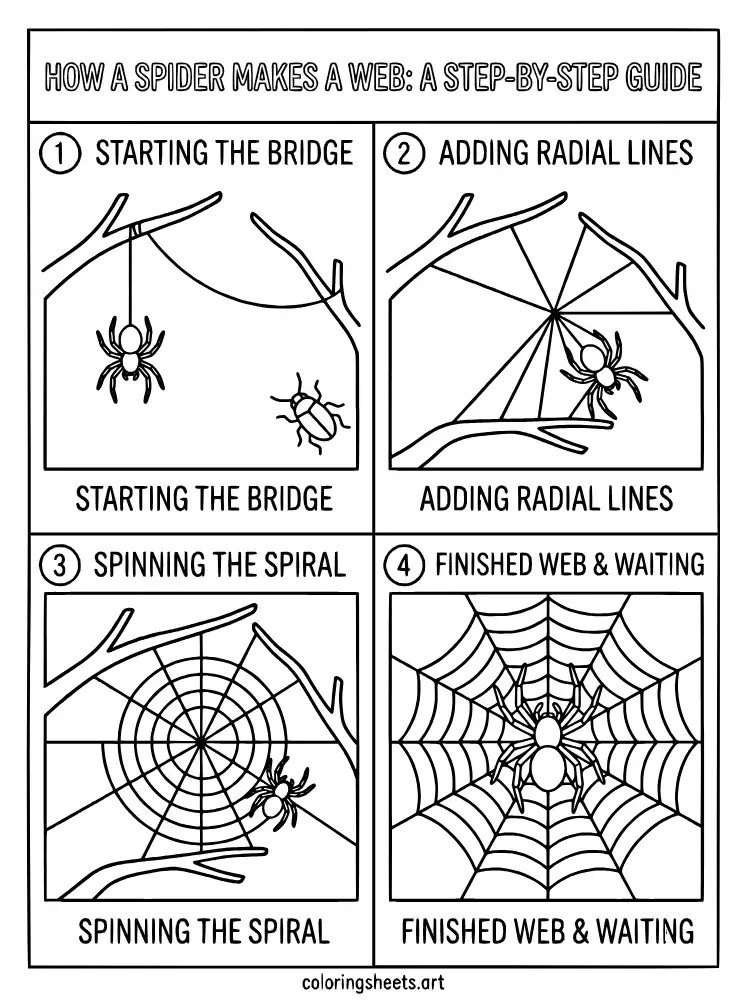 Web building sequence educational spider coloring page for kids free printable pdf