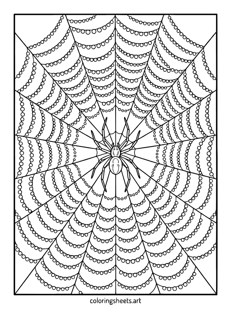 Web with dewdrops spider coloring page for older kids free printable pdf