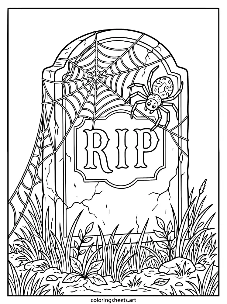 Spider web on a tombstone halloween spider coloring page for older kids free printable pdf