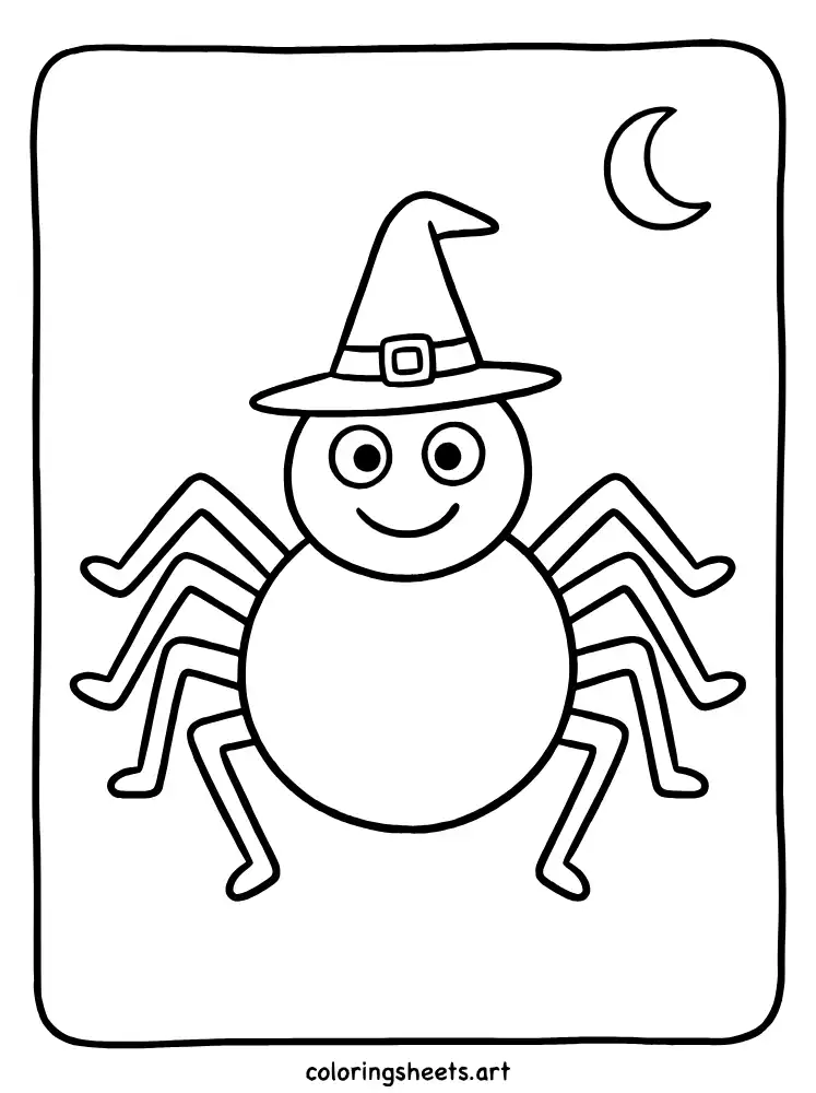 Spider with a witch hat halloween spider coloring page for toddlers free printable pdf