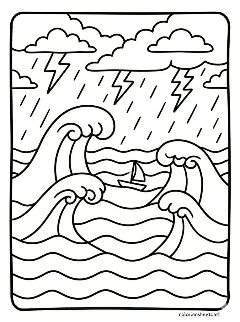 Ocean coloring pages for kids printable with a stormy sea scene featuring big waves and lightning