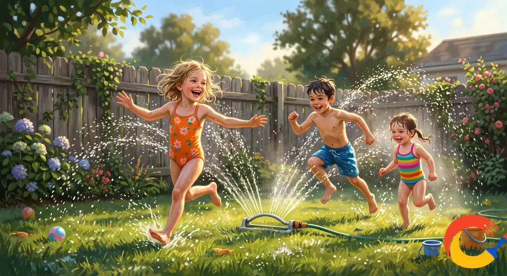Kids playing outside in a backyard on a sunny summer day