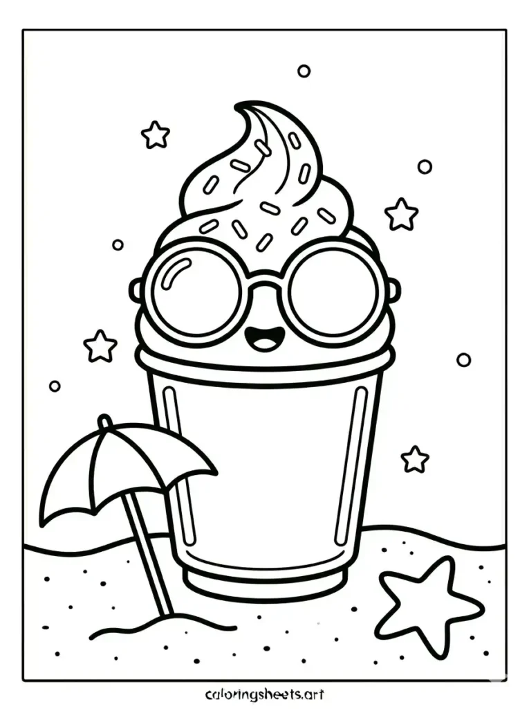 Kawaii ice cream sundae at the beach printable PDF for adults