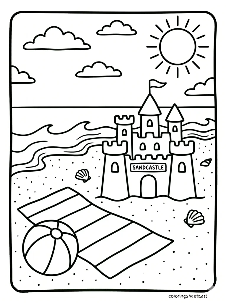 Free printable ocean coloring pages for kids featuring a summer beach day with sandcastle and beach ball