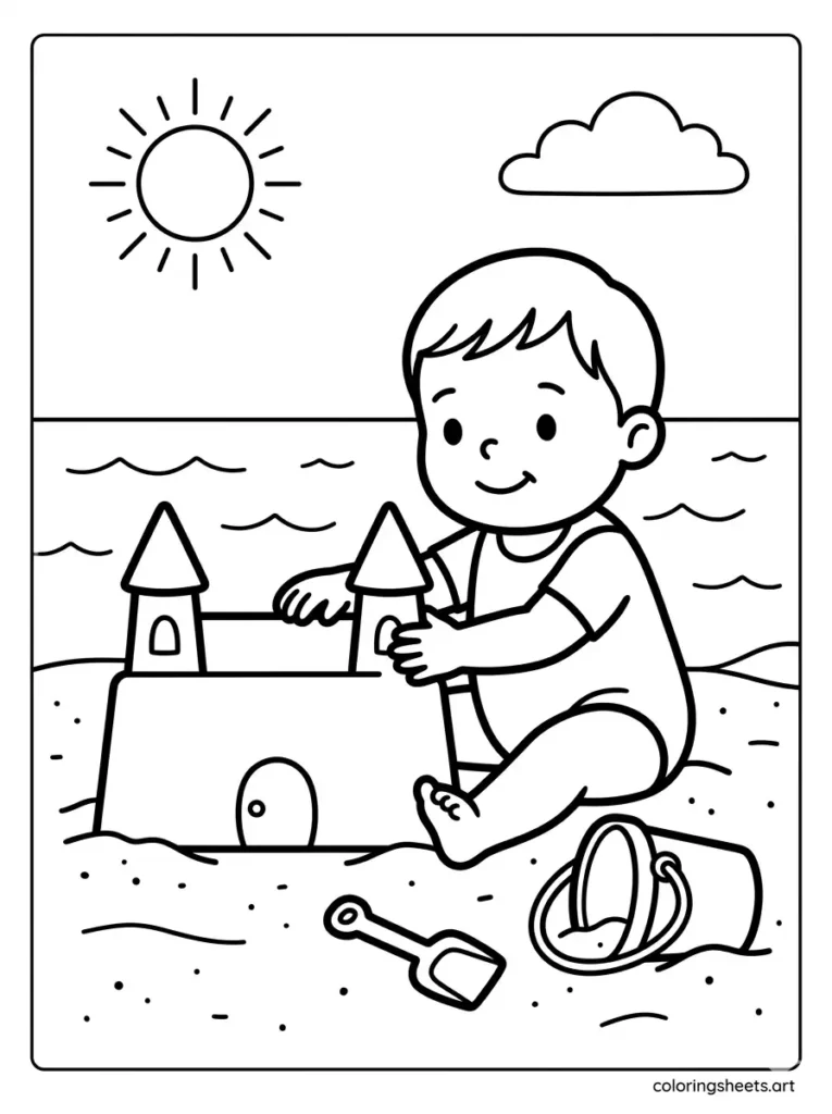 Easy printable summer coloring page for preschoolers building a sandcastle at the beach