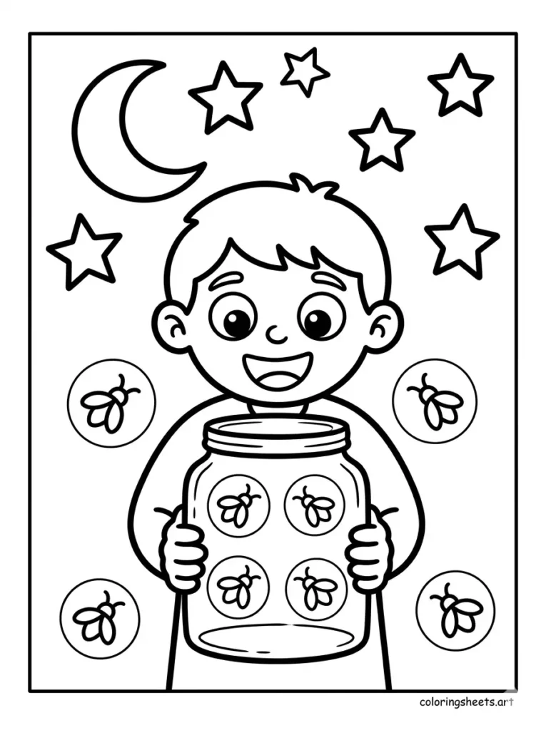 Easy printable summer coloring page for preschoolers catching fireflies in a jar at night