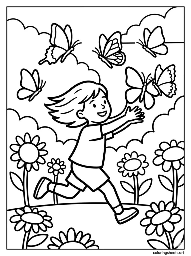 Easy printable summer coloring page for preschoolers chasing butterflies in a garden