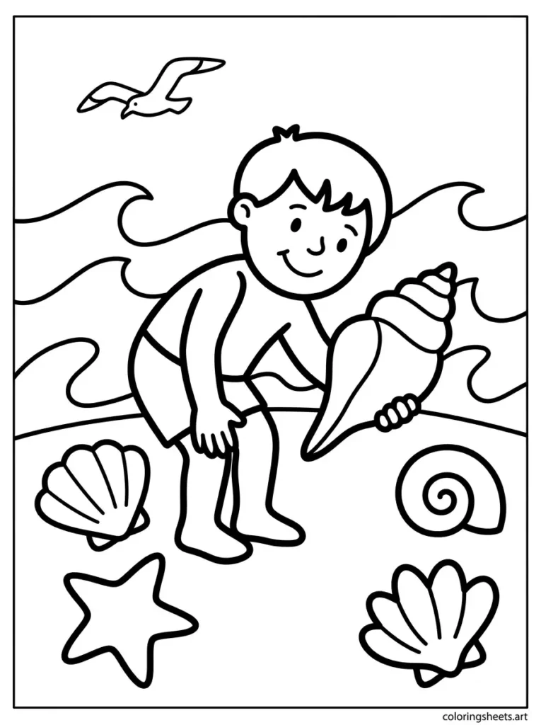 Free printable summer coloring page for preschoolers collecting seashells on the beach shore