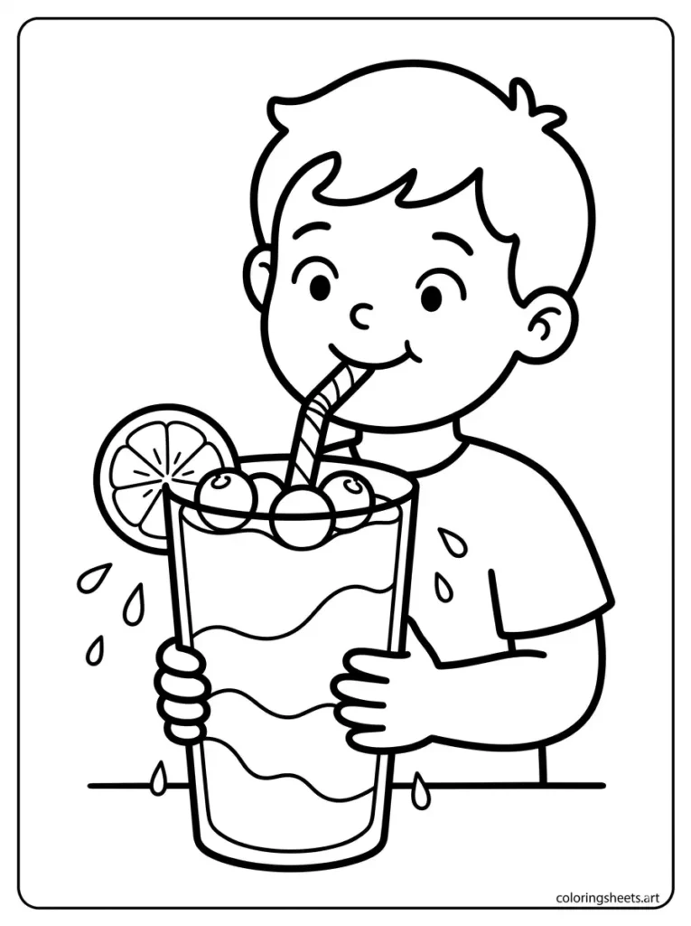 Easy printable summer coloring page for preschoolers drinking a cold fruit smoothie