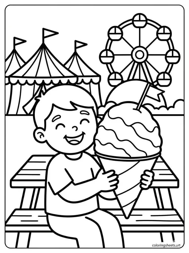 Free printable summer coloring page for preschoolers eating a colorful snow cone at a fair