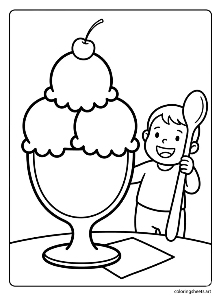 Free printable summer coloring page for preschoolers eating a huge ice cream sundae