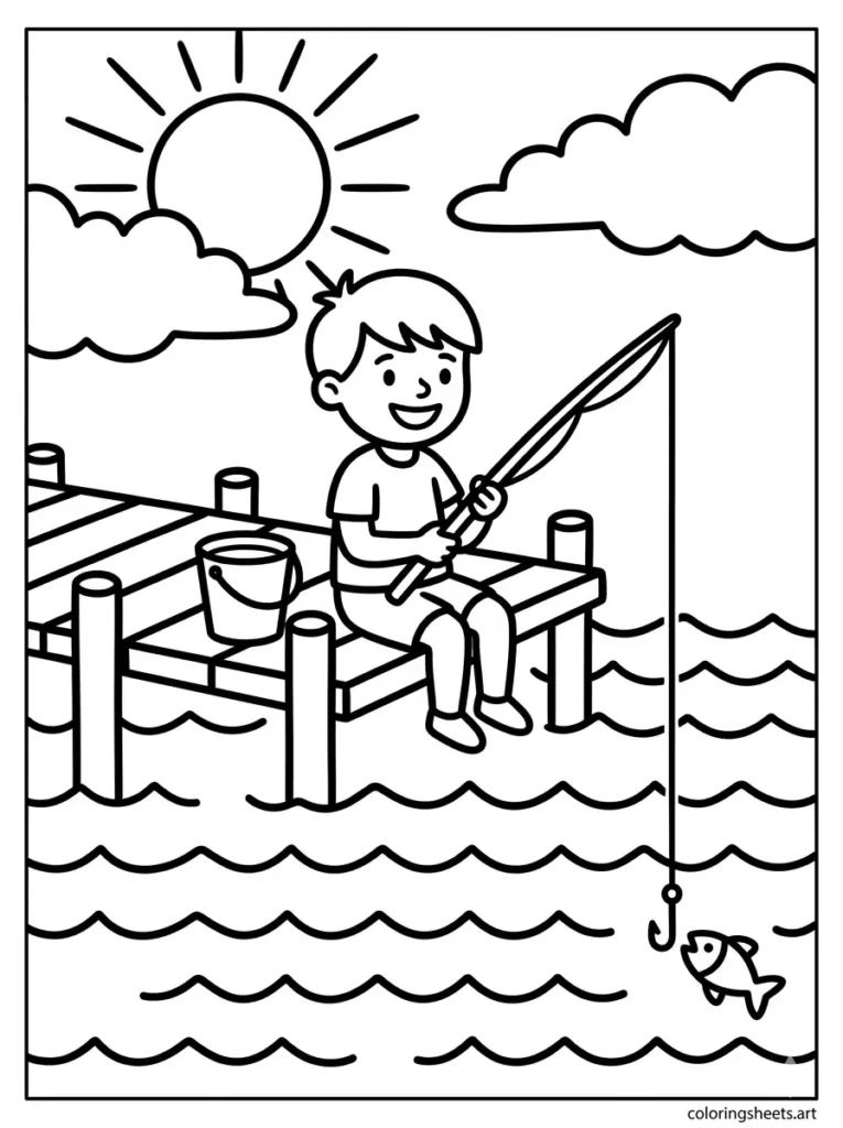 Easy printable summer coloring page for preschoolers fishing off a small dock