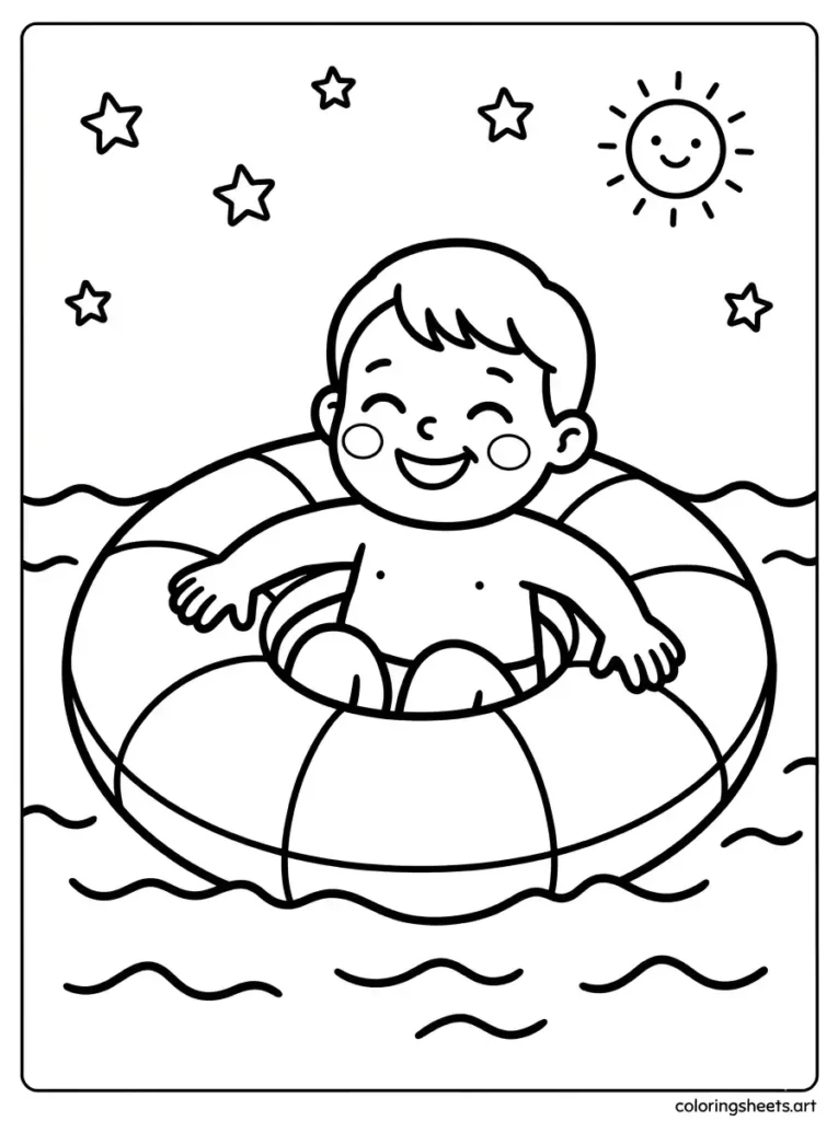 Easy summer coloring page for preschoolers floating on a donut pool floatie