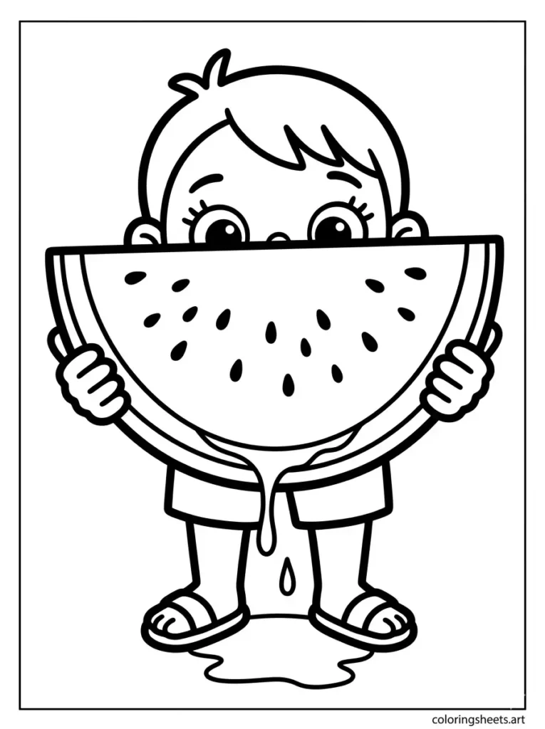 Easy printable summer coloring page for preschoolers holding a cold watermelon slice