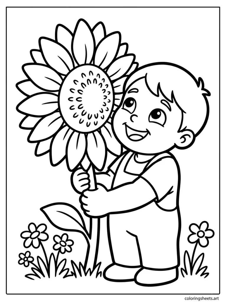 Free printable summer coloring page for preschoolers holding a giant sunflower
