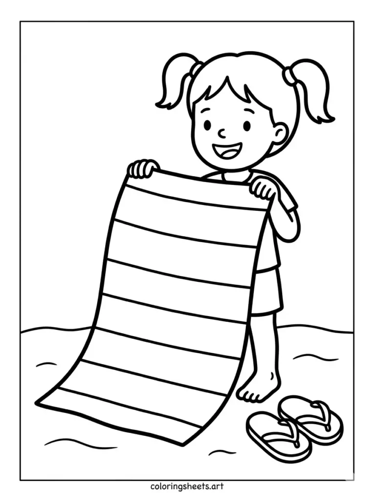 Free printable summer coloring page for preschoolers holding a beach towel with stripes