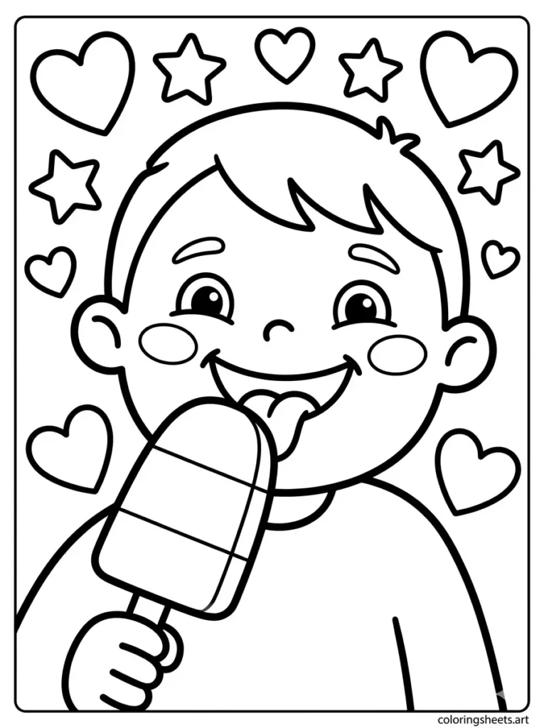 Free printable summer coloring page for preschoolers licking a big rainbow popsicle