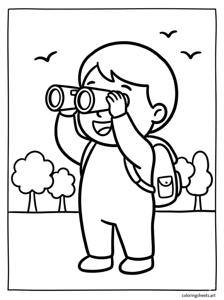 Free printable summer outdoor coloring page for preschoolers looking through binoculars