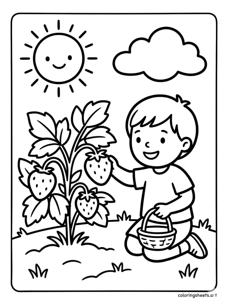 Free printable summer coloring page for preschoolers picking fresh strawberries