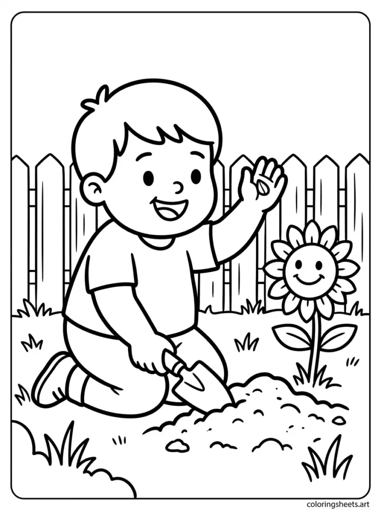 Easy printable summer coloring page for preschoolers planting a seed in the garden