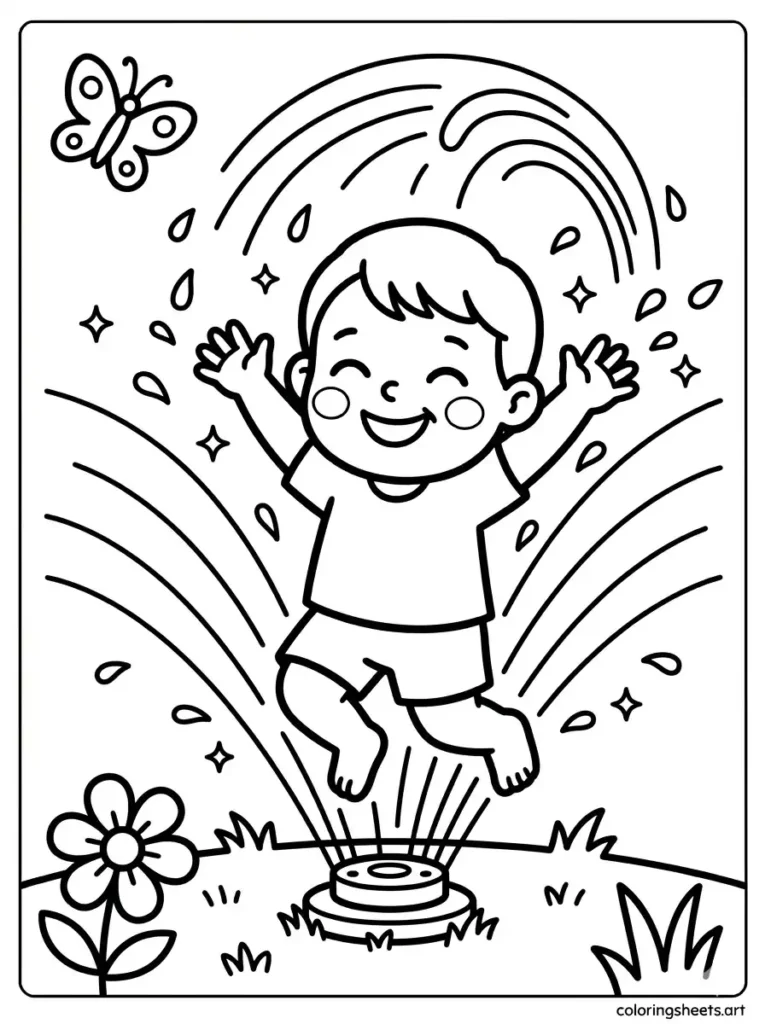 Free printable summer coloring page for preschoolers playing in a water sprinkler
