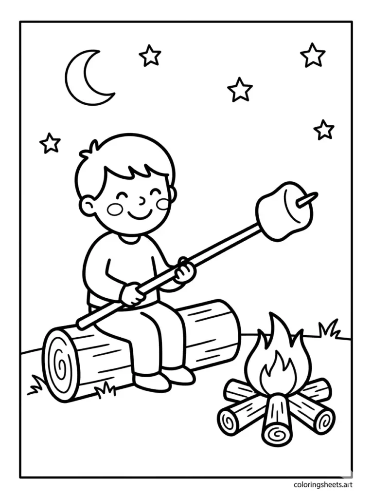 Easy summer coloring page for preschoolers roasting marshmallows over a campfire