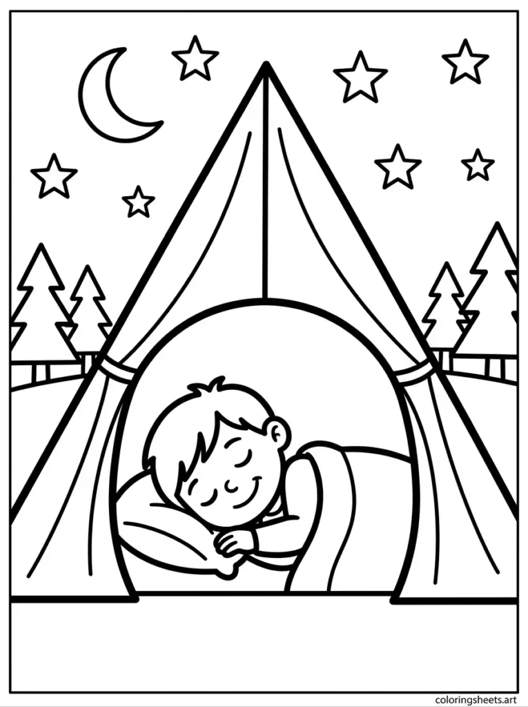 Free printable summer camping coloring page for preschoolers sleeping in a tent under the stars