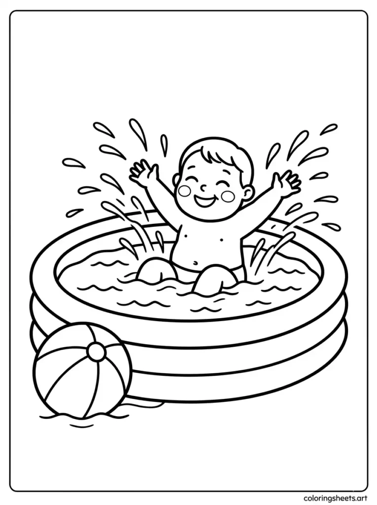 Printable summer coloring page for preschoolers splashing in a kiddie pool after swimming fun