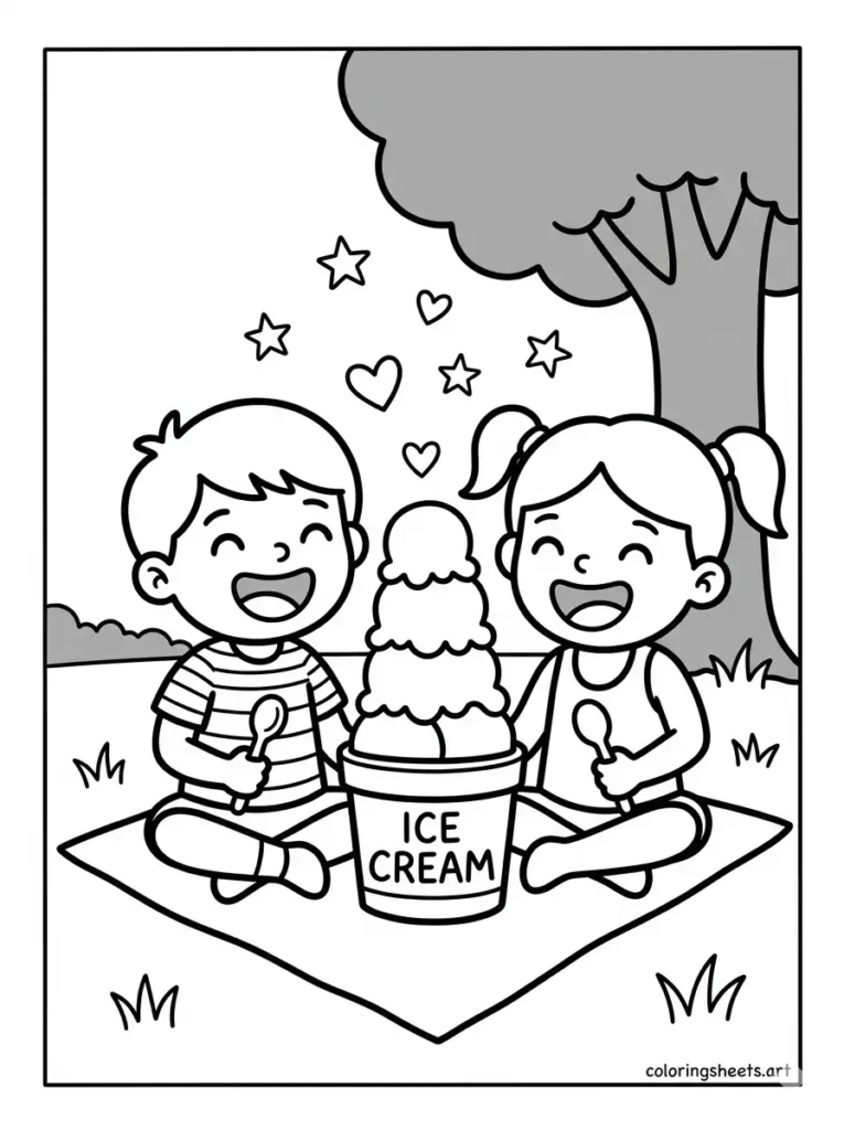 Easy printable summer coloring page for preschoolers sharing a tub of ice cream together