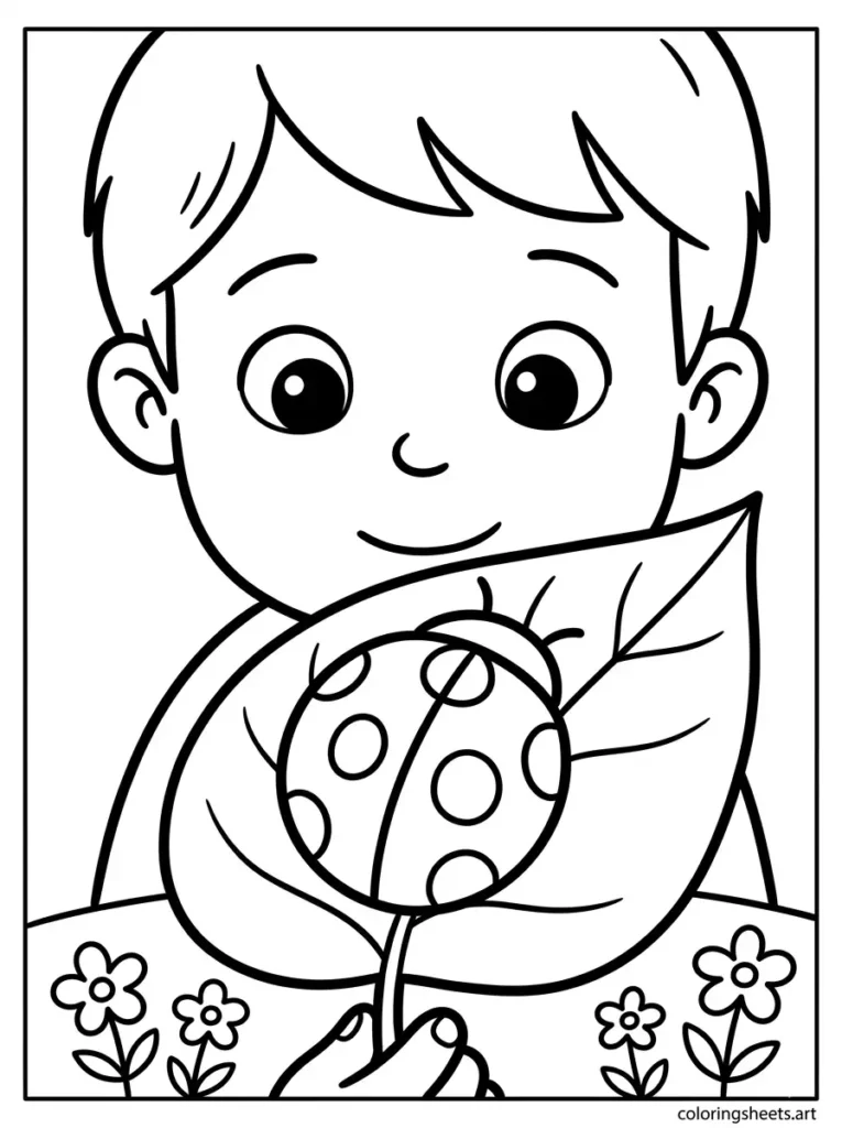 Easy printable summer coloring page for preschoolers watching a ladybug on a leaf