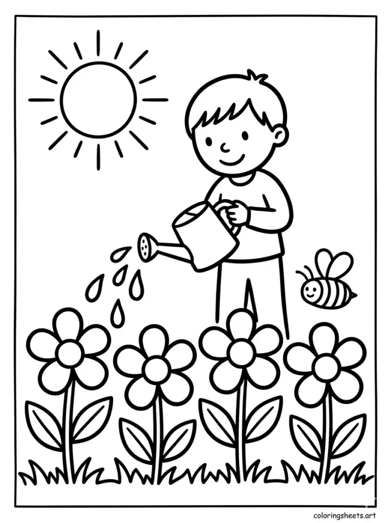 Free printable summer coloring page for preschoolers watering flowers with a small can