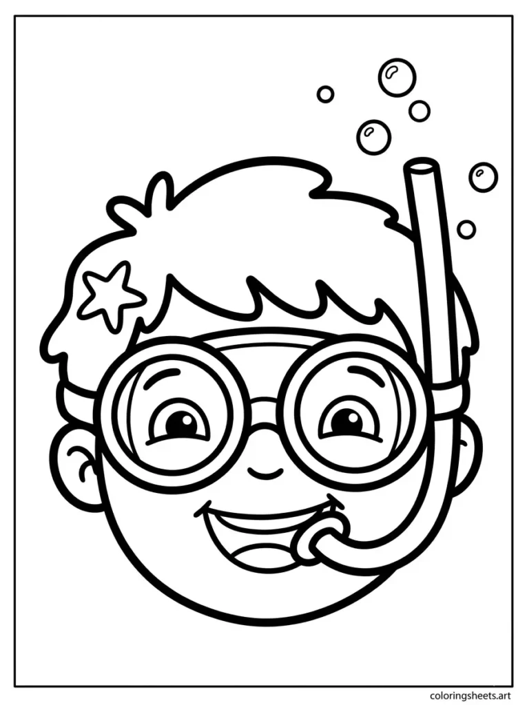 Free printable summer coloring page for preschoolers wearing goggles and a snorkel for swim fun