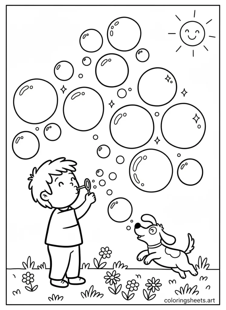Child blowing giant soap bubbles summer fun coloring page for toddlers printable