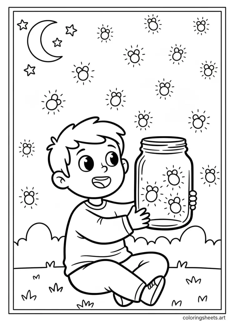 Child catching fireflies in a mason jar summer fun coloring page for kids free printable