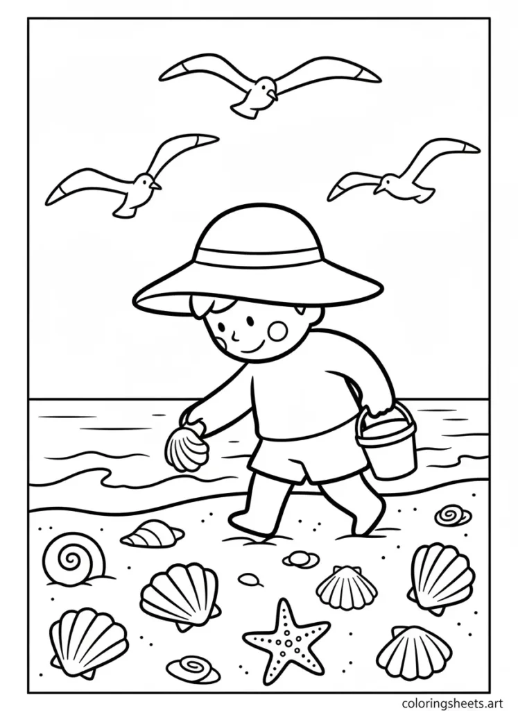 Child collecting seashells summer fun coloring page for kids free printable