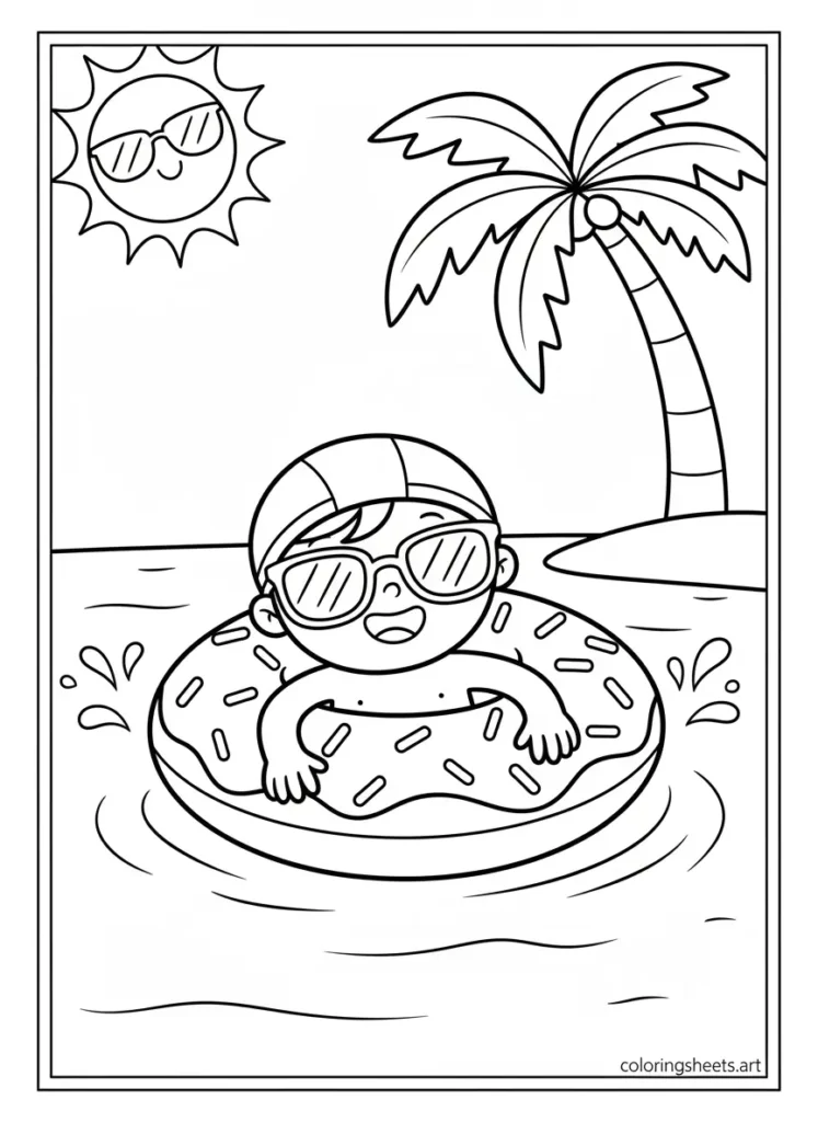 Child floating on a giant donut pool float summer fun coloring page for kids printable PDF