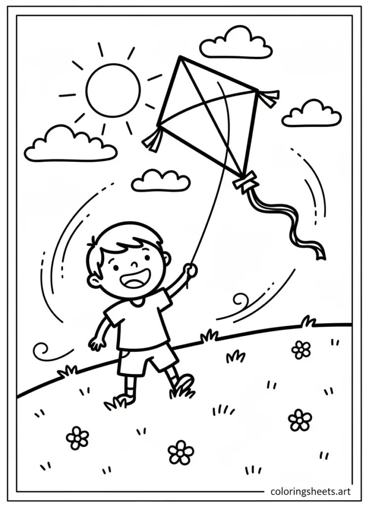 Child flying a colorful kite summer fun coloring page for kids free printable