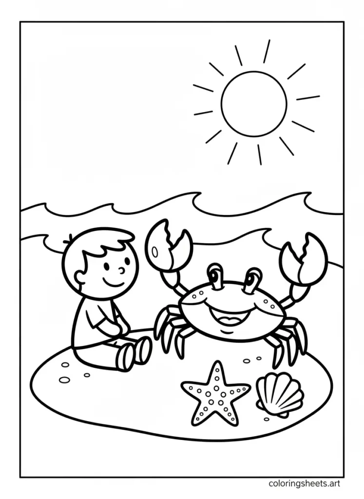 Child meeting a friendly crab on the beach summer fun coloring page for toddlers