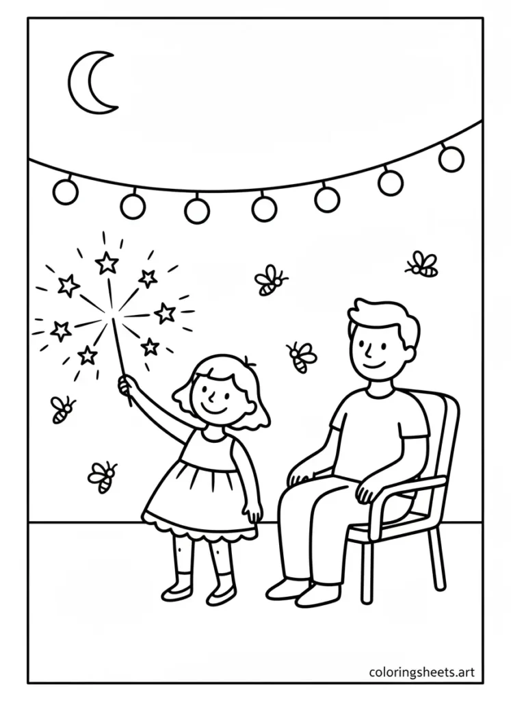 Child holding a sparkler on summer evening coloring page for kids free printable