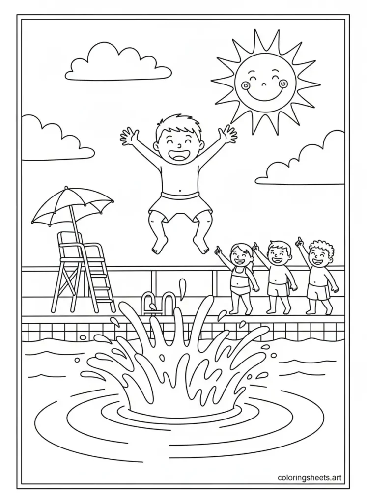 Child jumping into a sparkling swimming pool summer fun coloring page for kids PDF