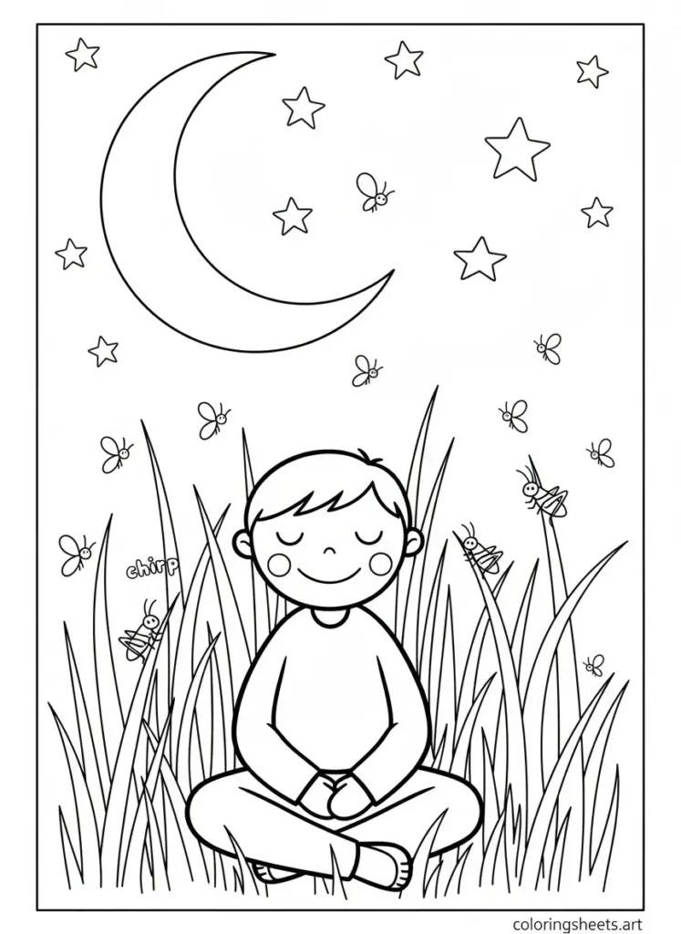 Child listening to crickets in a summer field coloring page for kids PDF