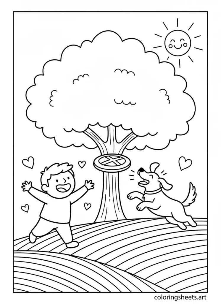 Child playing frisbee with dog summer fun coloring page for kids free printable PDF