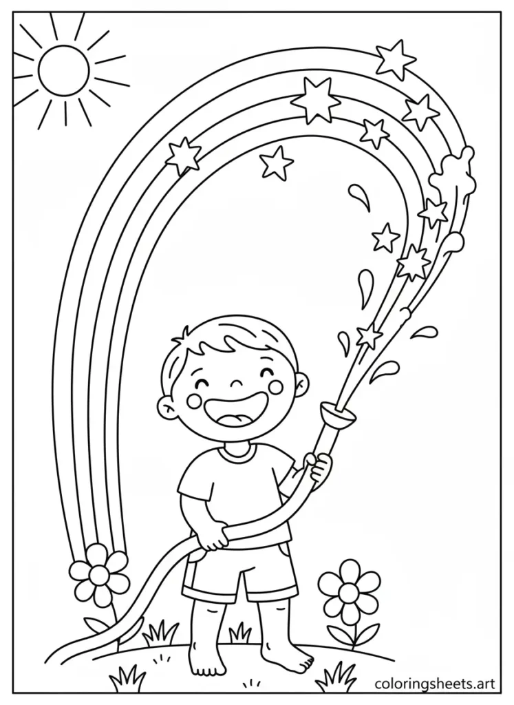 Child playing with a garden hose summer fun coloring page for toddlers free printable